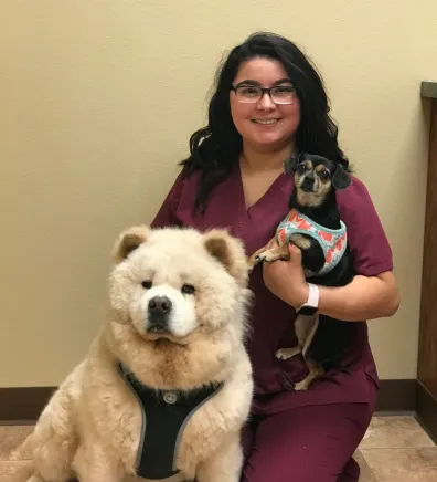 Jenna at Dunes Animal Hospital, with two dogs